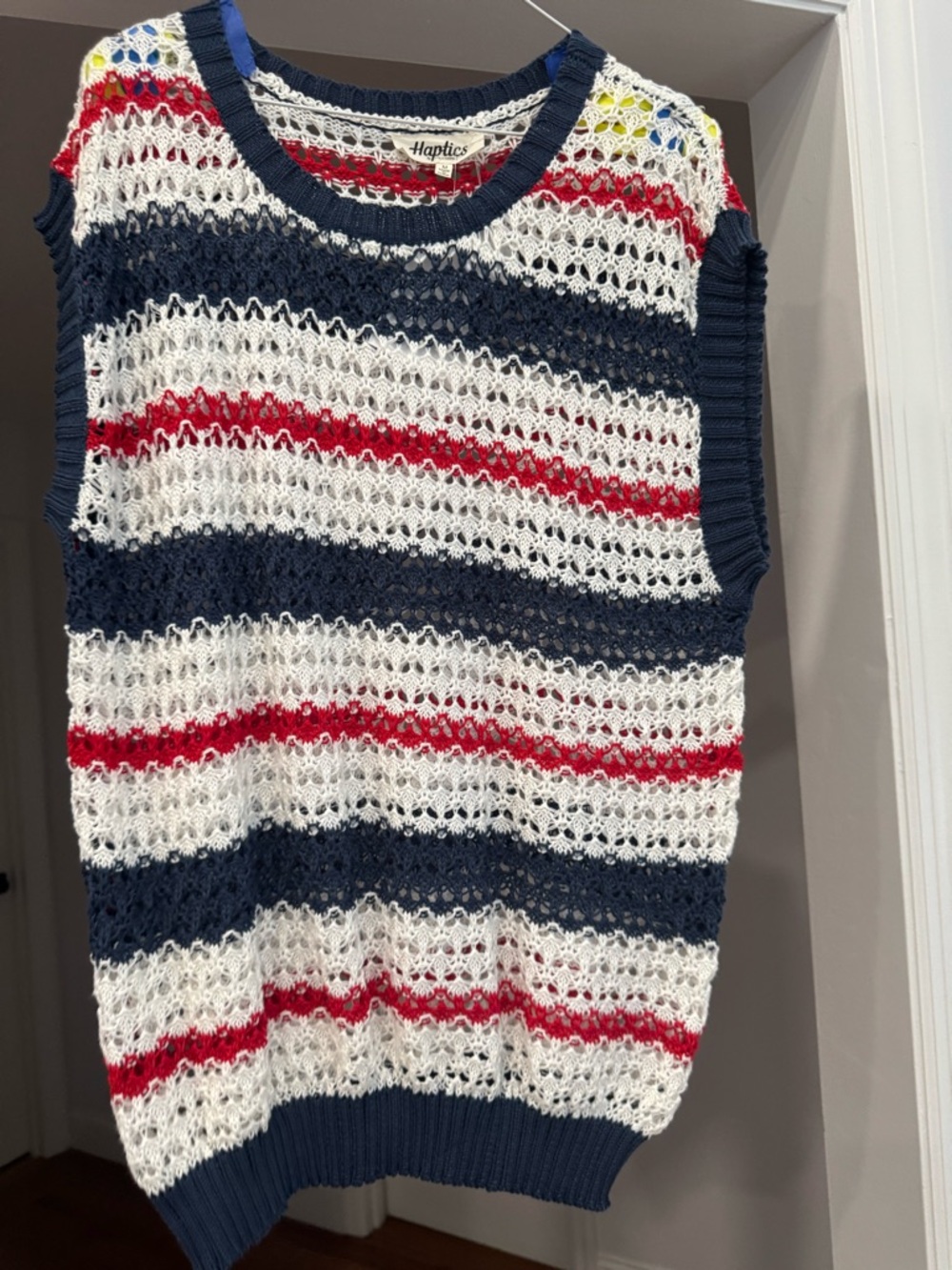 Haptics Open Crochet Striped Knit Vest - Navy, White & Red